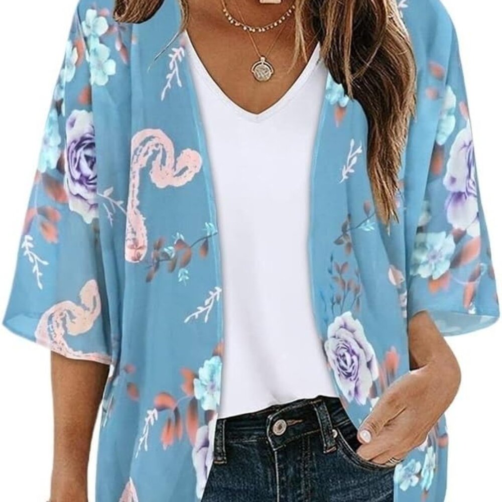 Women's Floral Print Kimono Style Cardigan Loose Cover Up Casual Blouse